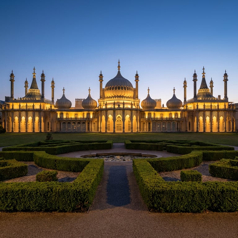 Brighton Royal Pavilion at dusk with the Indo-Saracenic domes and minarets illuminated and the formal gardens in the foreground, Brighton, East Sussex, England