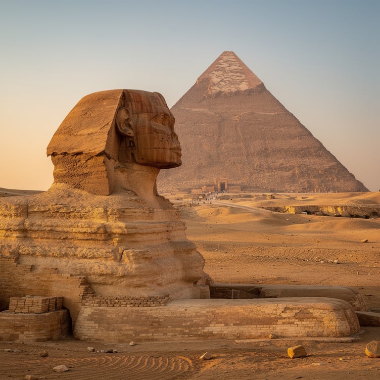 Great Sphinx of Giza with the Pyramid of Khafre rising behind it at golden hour, Giza Plateau, Cairo, Egypt