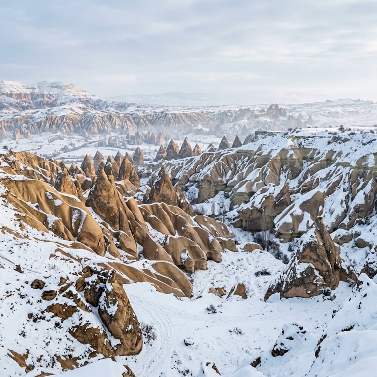 Snow-dusted fairy chimneys and volcanic rock formations in the valleys of Cappadocia during winter, Türkiye
