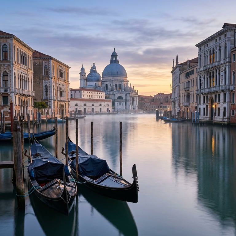 Gondolas moored on the Grand Canal with the Santa Maria della Salute dome and Venetian palaces in the background at dawn, Venice, Veneto, Italy