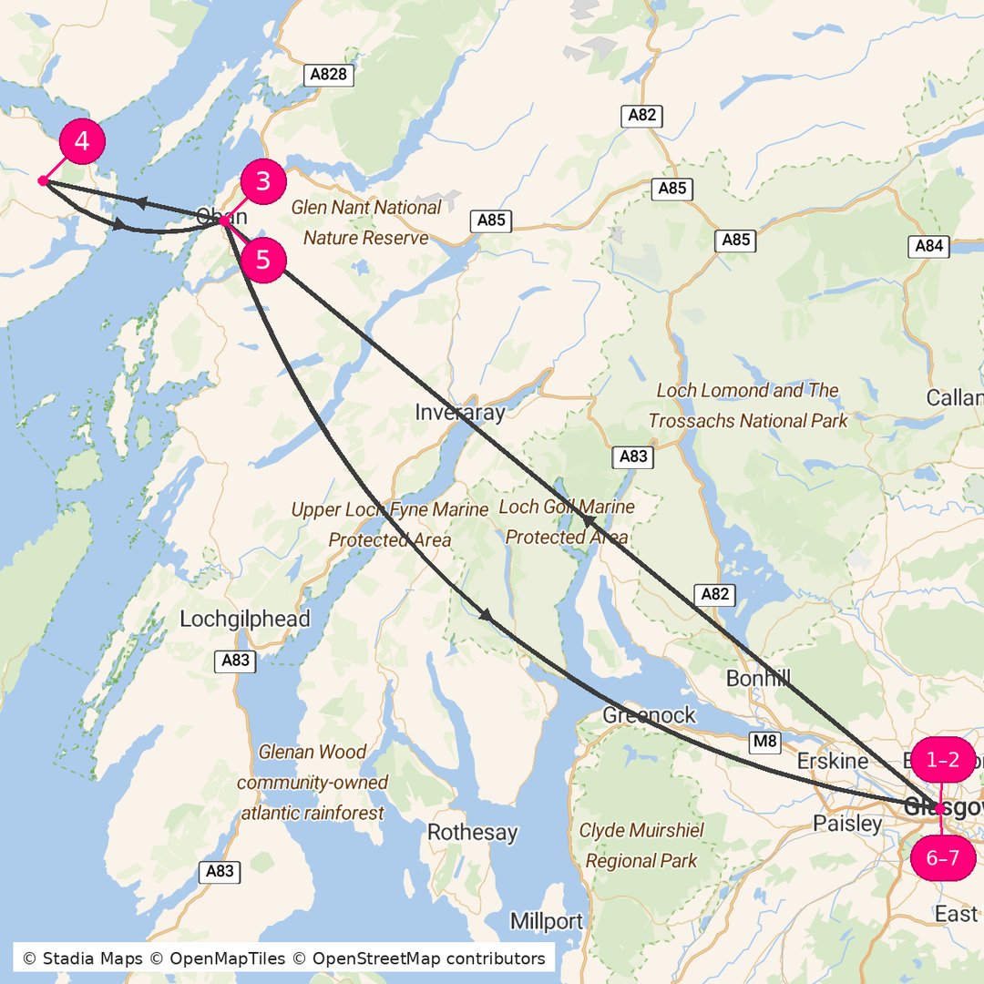 Itinerary route map for West Coast Scotland Explorer