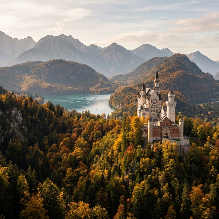 Neuschwanstein Castle rising above an autumn forest with the Bavarian Alps and Alpsee lake below, Schwangau, Bavaria, Germany