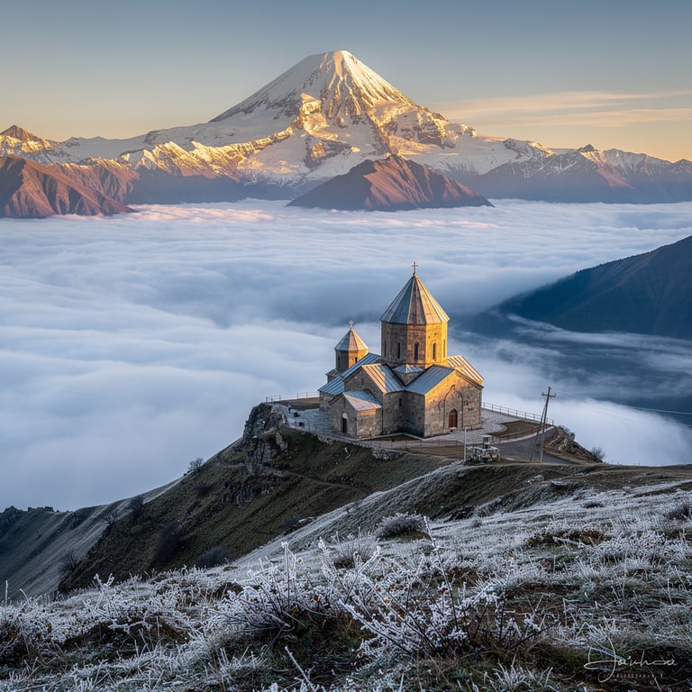 Gergeti Trinity Church perched above the clouds with snow-capped Mount Kazbek rising behind it at dawn, Stepantsminda, Kazbegi, Georgia