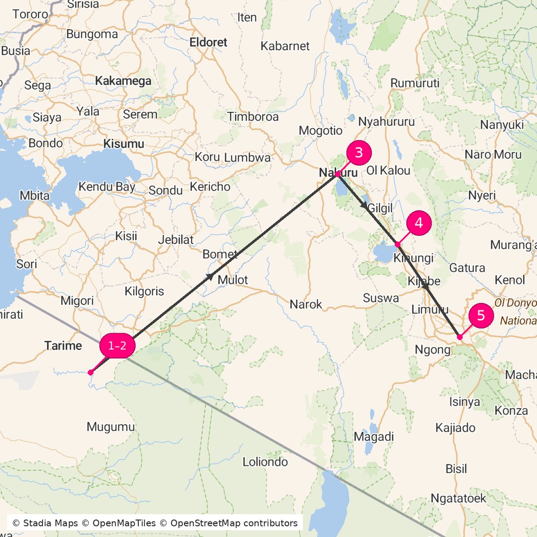 Itinerary route map for Ultimate Kenya Safari Experience