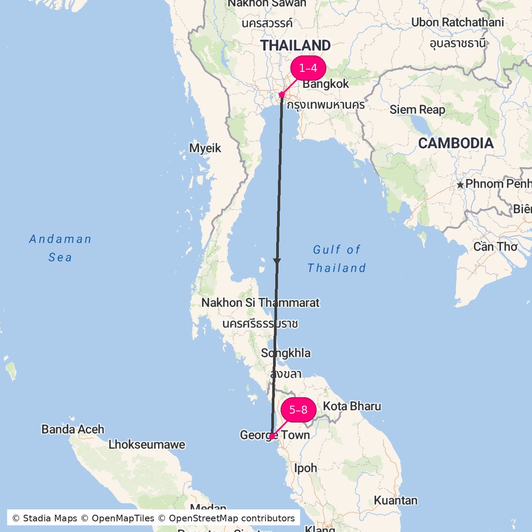 Itinerary route map for Bangkok Penang Tropical Journey