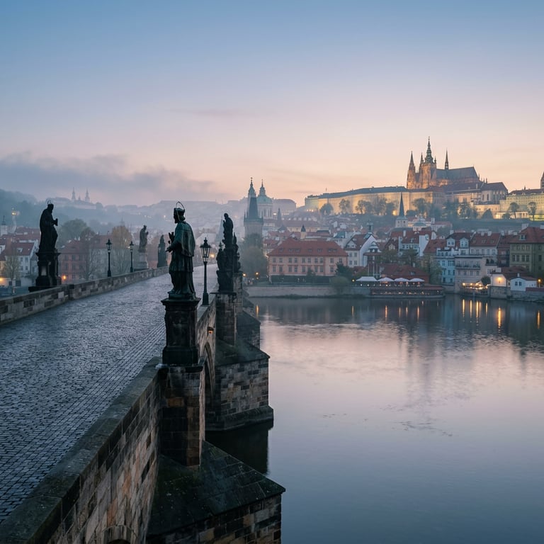 Charles Bridge at dawn with baroque statues, the Vltava River, and Prague Castle rising above the Malá Strana rooftops in morning mist, Prague, Bohemia, Czech Republic