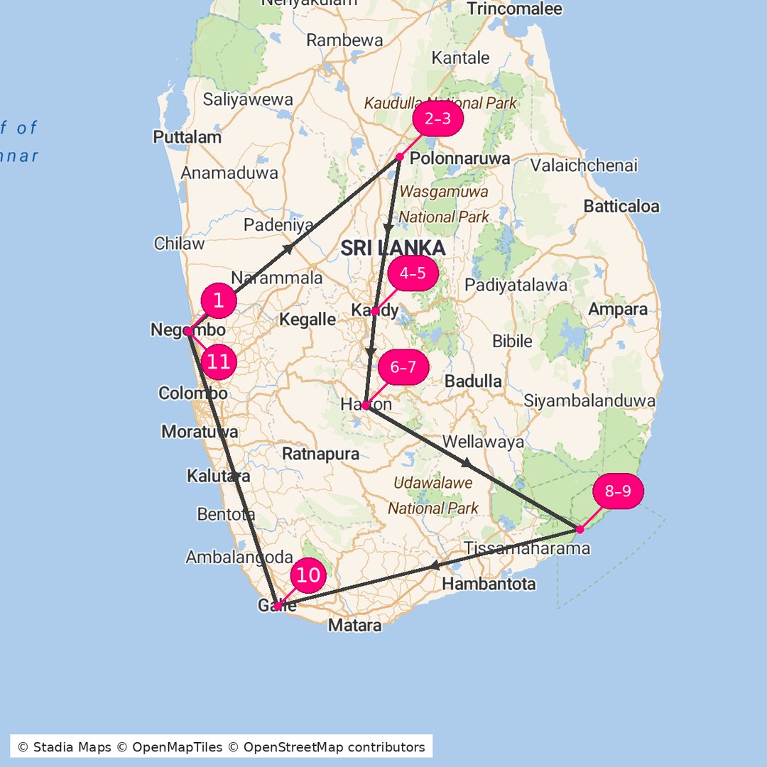 Itinerary route map for Ceylon Luxury Trail