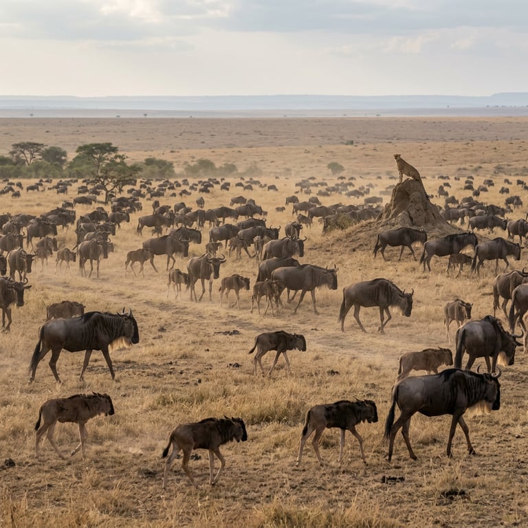 Wildebeest calves on the Ndutu plains of the southern Serengeti in February with a cheetah watching from a termite mound behind the herd, Serengeti, Tanzania