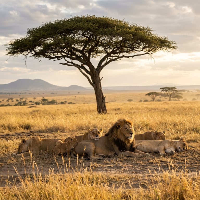 A pride of lions resting in the shade of a solitary acacia on the open golden plains of Serengeti National Park, Tanzania