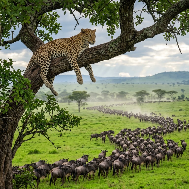 A green Serengeti plain after the short rains in November with a leopard in an acacia tree and wildebeest moving south below, Serengeti National Park, Tanzania