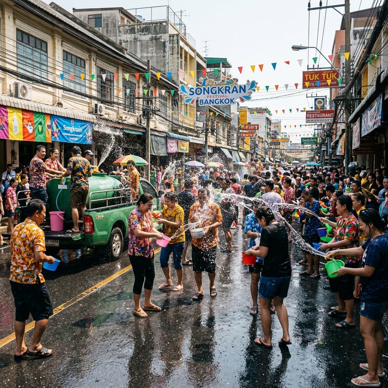 Locals and travellers celebrating the Songkran water festival with splashes on a sunny street in Bangkok, Thailand