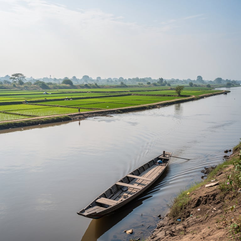 Wide Mekong River channel lined with emerald rice paddies and a narrow wooden boat in the foreground, Can Tho, Vietnam