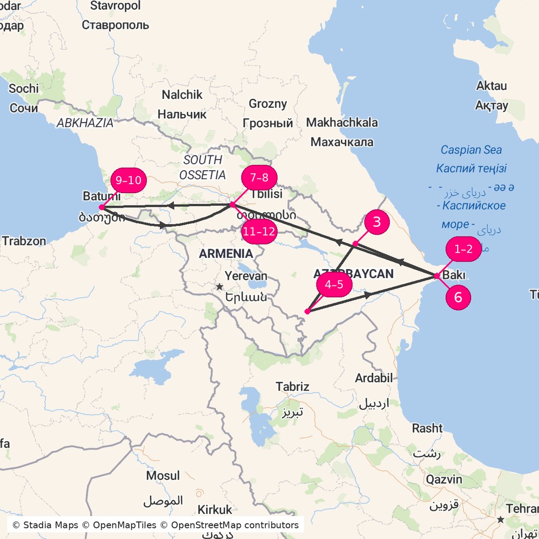 Itinerary route map for Two Countries Trail Baku to Tbilisi