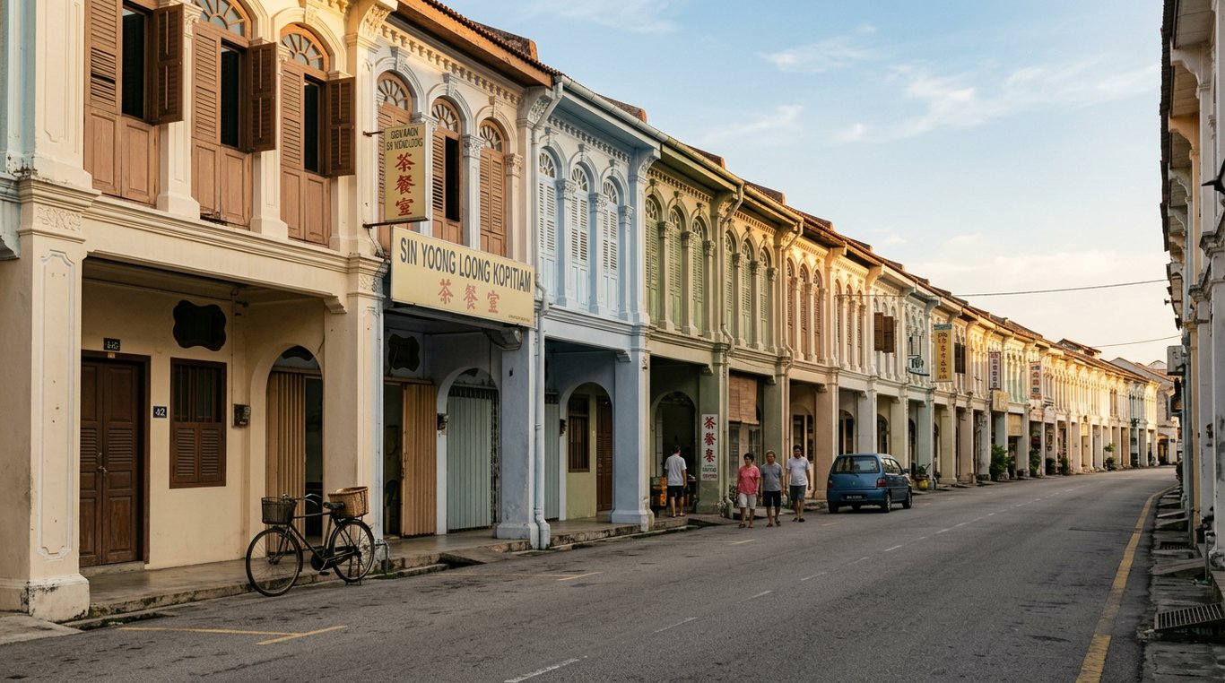 Ipoh old town heritage street with colonial shophouse facades in the afternoon light, Perak, Malaysia, in October