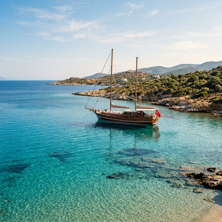 Clear warm waters of the Turkish Riviera in September with a private gulet anchored near Bodrum, Türkiye