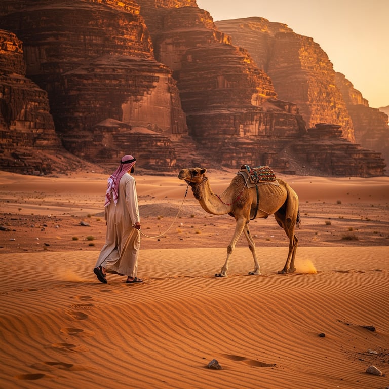 Bedouin guide leading a camel through Wadi Rum desert valley at sunset with red sandstone cliffs and dune shadows, Aqaba Governorate, Jordan