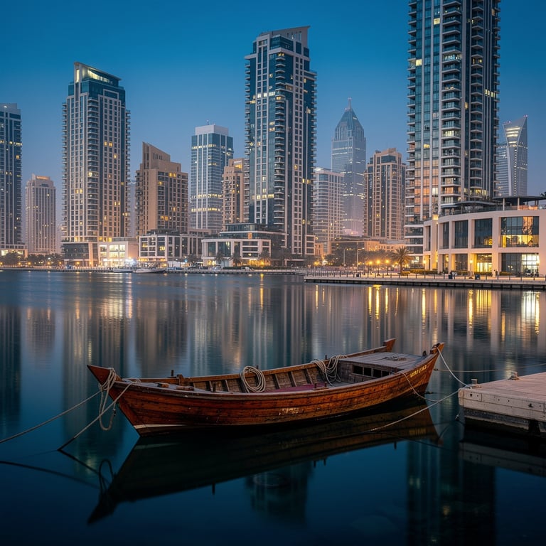 Dubai Marina skyline at blue hour with towers reflected in the water and a dhow in the foreground, Dubai, United Arab Emirates