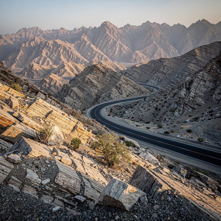 Mountain road winding through the Hajar Mountains above Fujairah with rugged peaks and sparse desert vegetation, UAE