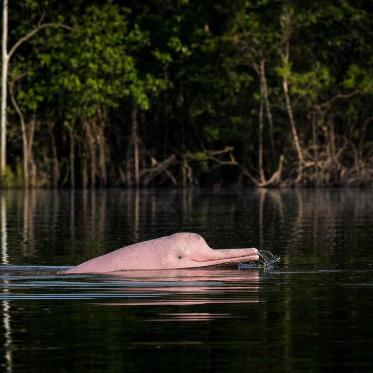 A pink river dolphin (boto, Inia geoffrensis) surfacing in a várzea floodplain lake near Leticia during low-water season with the Amazon rainforest canopy behind, Amazonas Department, Colombia