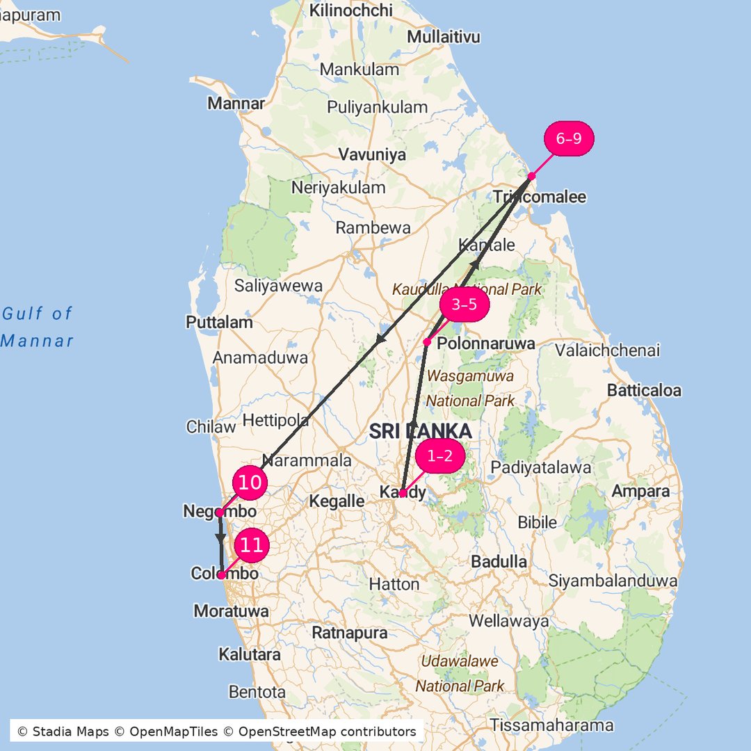 Itinerary route map for Sri Lanka Heritage East Coast