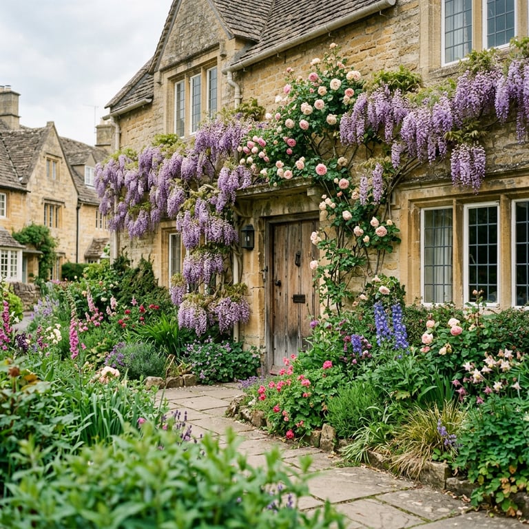 Cottage garden in full bloom in front of a honey-stone Cotswolds house in May with wisteria and roses above the doorway, Chipping Campden, Cotswolds, England