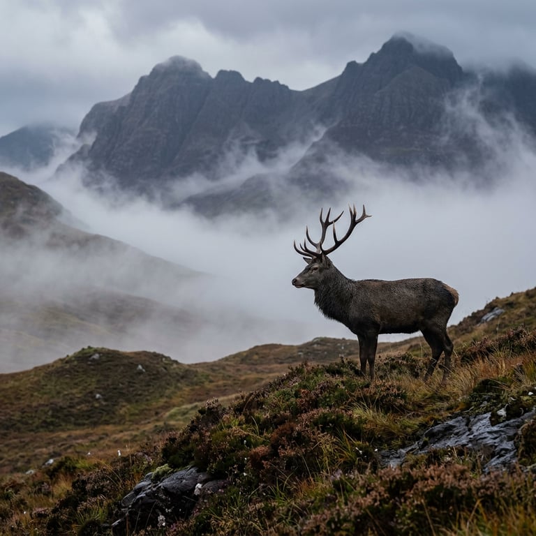 Red deer stag on a misty Highland hillside above Glen Torridon in October with autumn heather and Torridon peaks behind, Scottish Highlands, Scotland