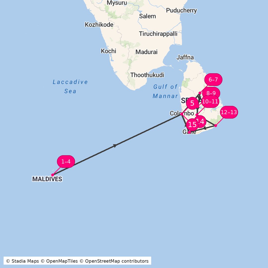 Itinerary route map for Maldives Beach and Sri Lanka Luxury