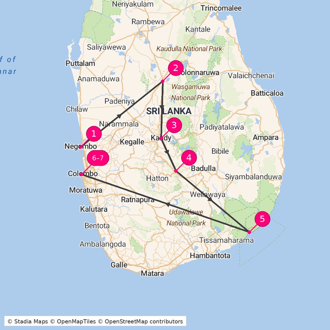 Itinerary route map for Ceylon Discovery Trail