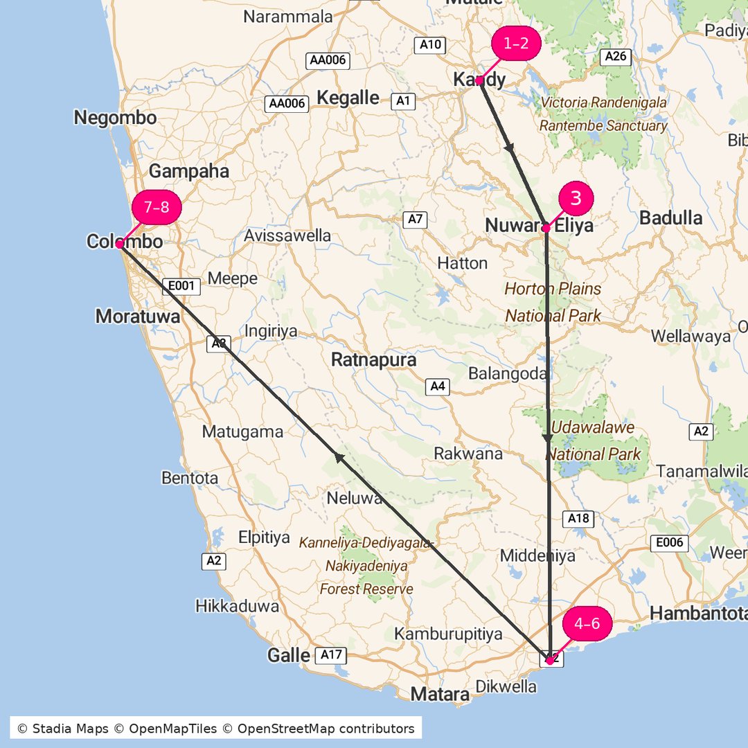Itinerary route map for Sri Lanka Heritage Coastline