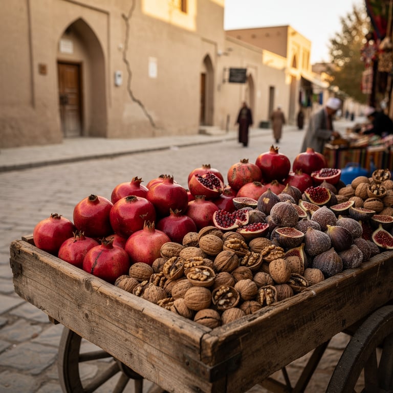 Street vendor cart piled with pomegranates, dried figs, and walnuts in the October bazaar lanes, Bukhara old town, Uzbekistan