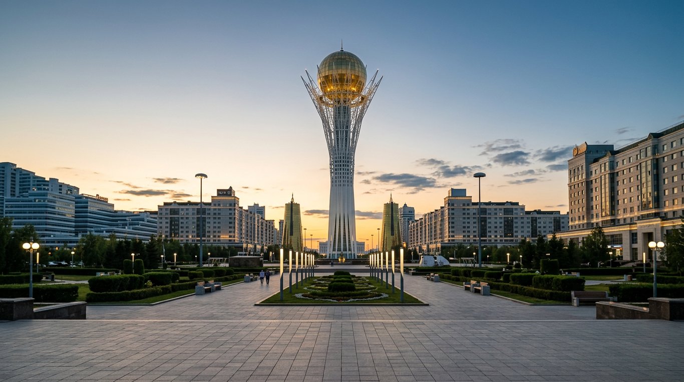 Specialist city tour of Astana's futuristic skyline and Nur-Sultan Bayterek Monument at dusk, Kazakhstan