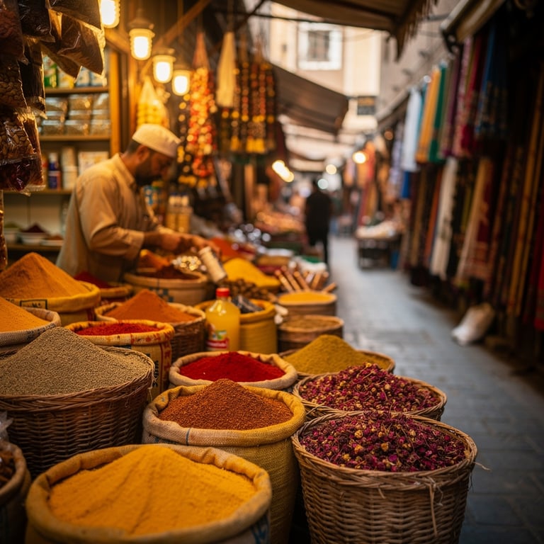 Spice vendor in Deira Spice Souk with saffron, turmeric, and dried rose petals displayed in an open lane, Old Dubai, United Arab Emirates