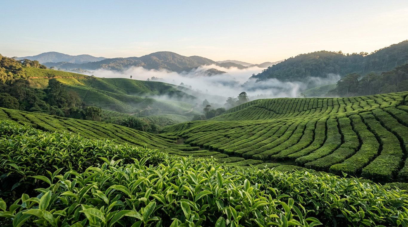 Clear morning over the BOH tea estate rows in Cameron Highlands with mist lifting from the valley, Pahang, Malaysia, in January