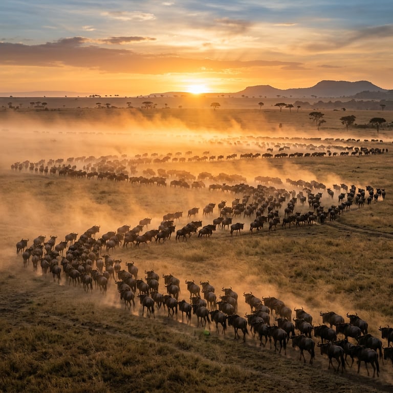 The Serengeti plains at first light with wildebeest silhouetted against a golden sky and acacia trees on the horizon during the Great Migration, Serengeti National Park, Tanzania