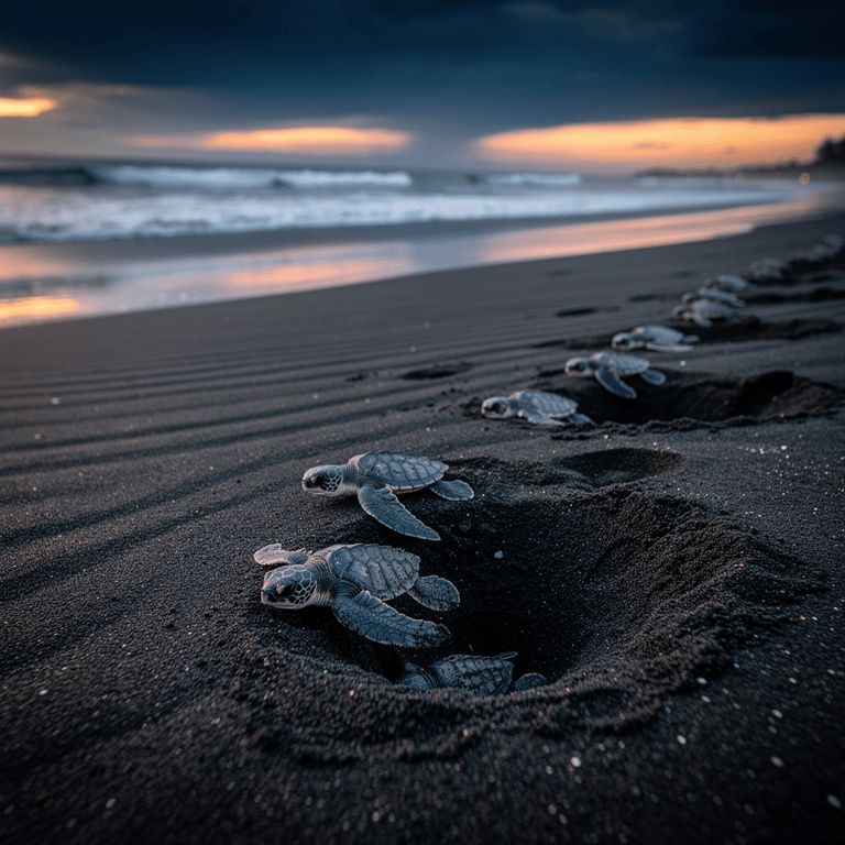Olive Ridley sea turtle hatchlings crossing black volcanic sand toward the Pacific Ocean at dusk during the nesting season release at Monterrico, Escuintla Department, Guatemala