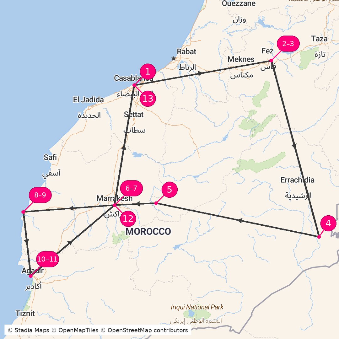 Itinerary route map for Ultimate Morocco Imperial