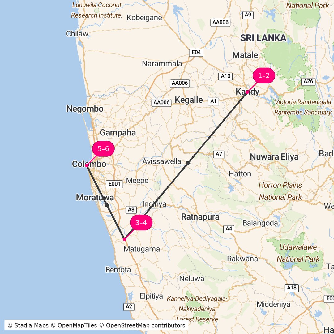 Itinerary route map for Sri Lanka Heritage Escape