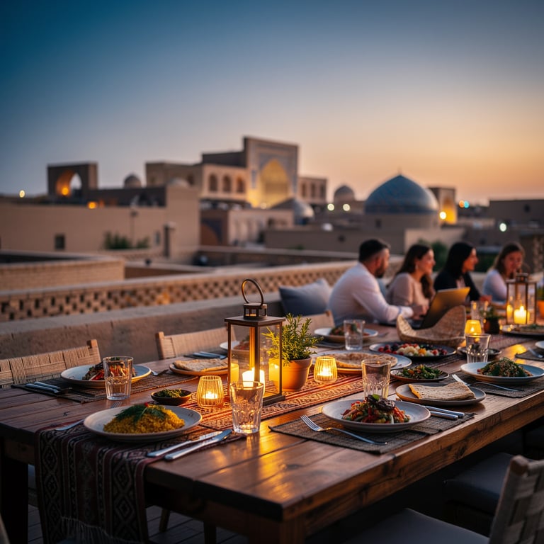 Rooftop terrace dinner table set at dusk above Bukhara old town with lanterns and a warm amber sky, Uzbekistan