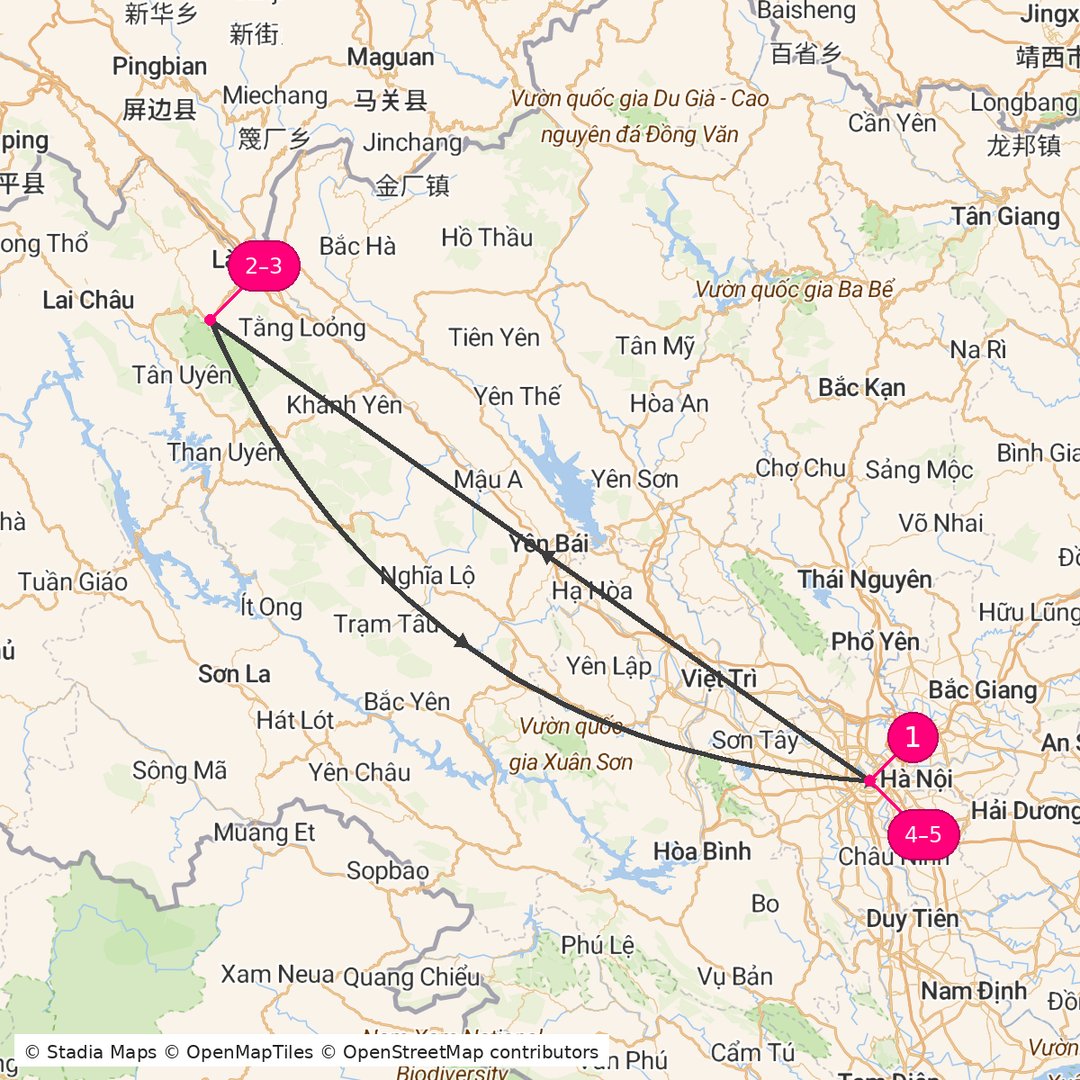 Itinerary route map for Hanoi Highlands Escape