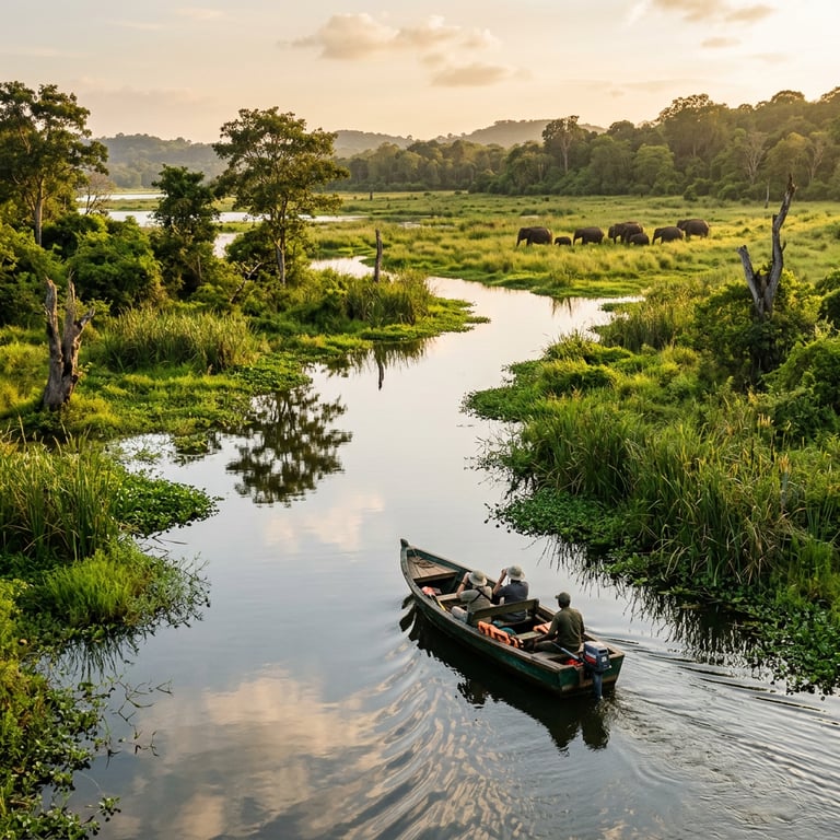 Boat safari through flooded grasslands in Gal Oya National Park near Ampara, Eastern Province, Sri Lanka