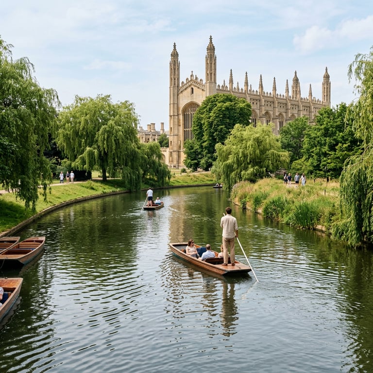 Students punting on the River Cam past King's College Chapel on a summer afternoon with willow trees overhanging the water, Cambridge, England