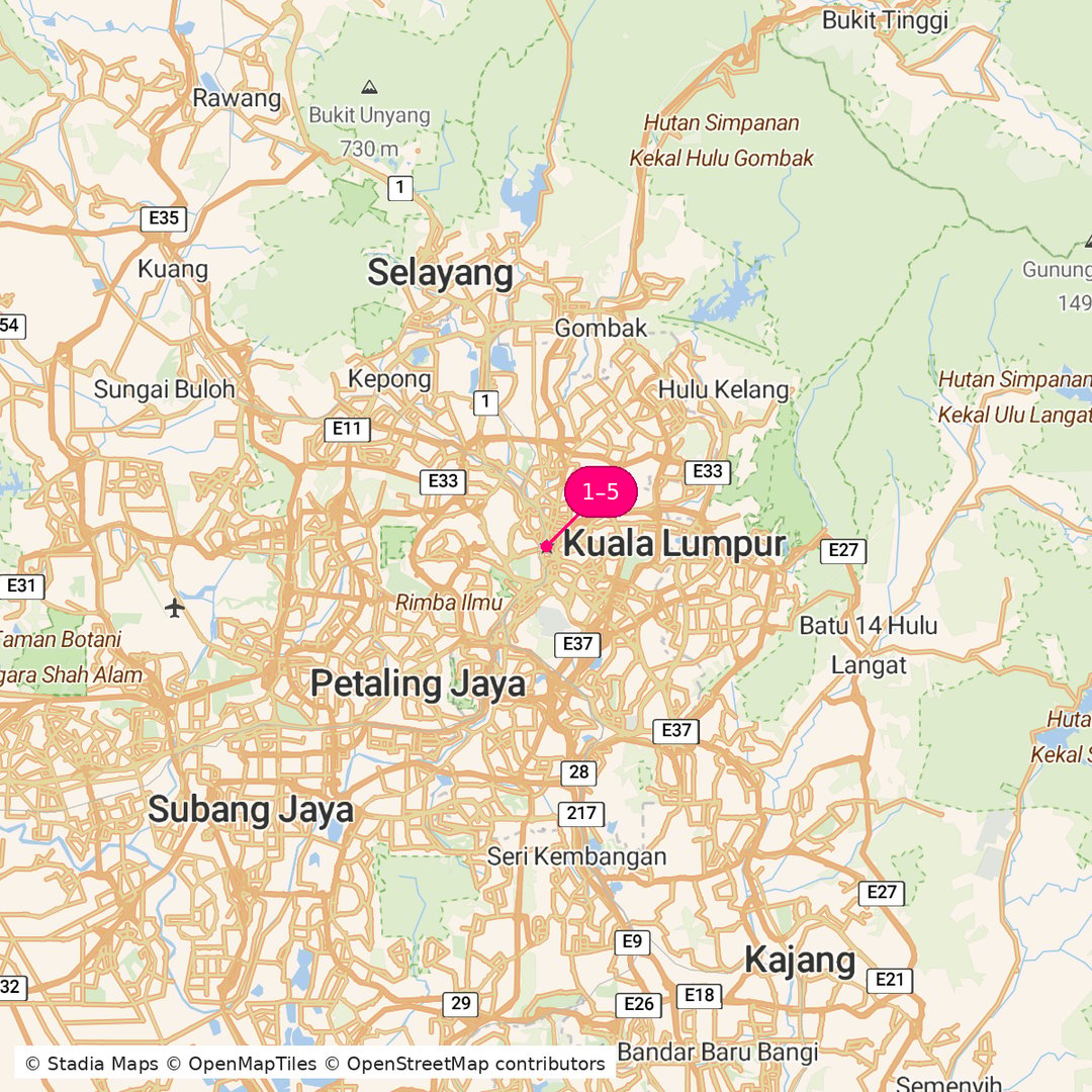 Itinerary route map for Kuala Lumpur City Highlights