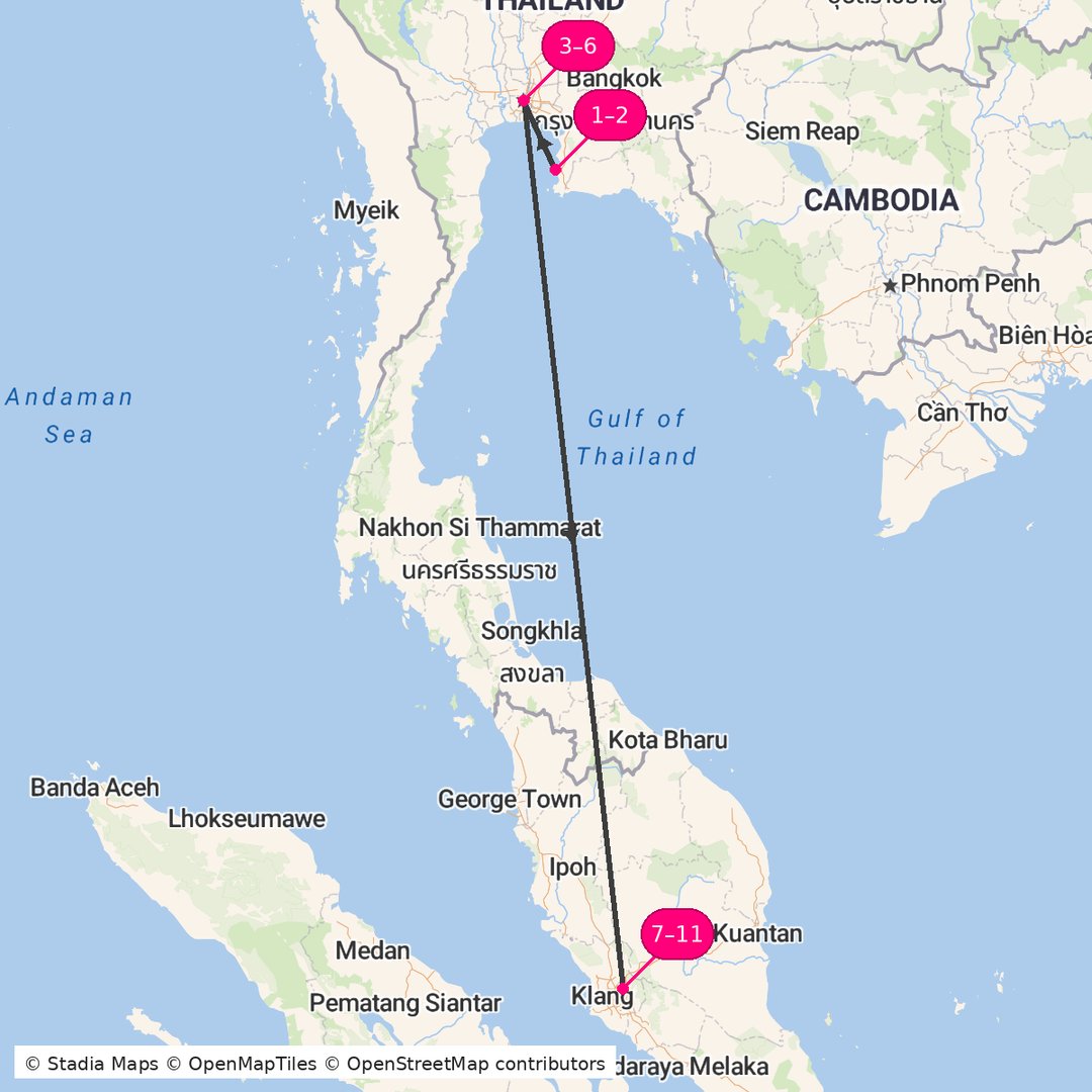Itinerary route map for Thailand Malaysia Golden Escape