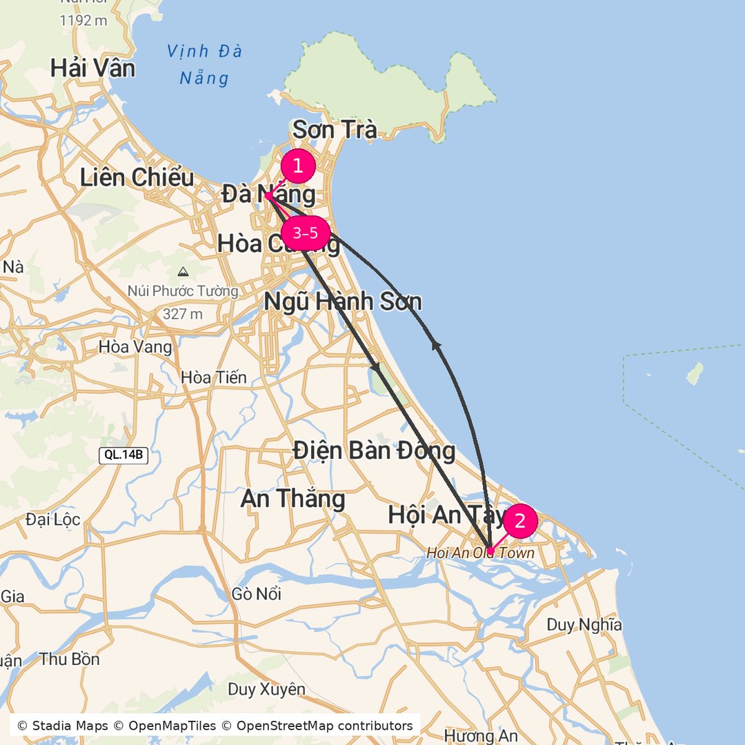 Itinerary route map for Central Vietnam Private Elegance