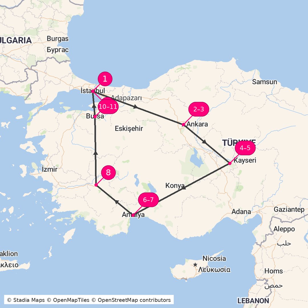 Itinerary route map for Go Turkiye