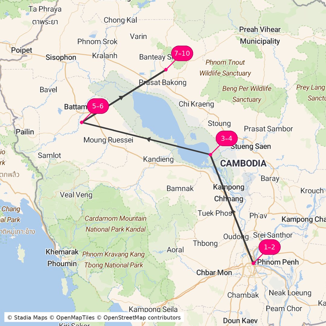 Itinerary route map for Cambodia Nature Escape