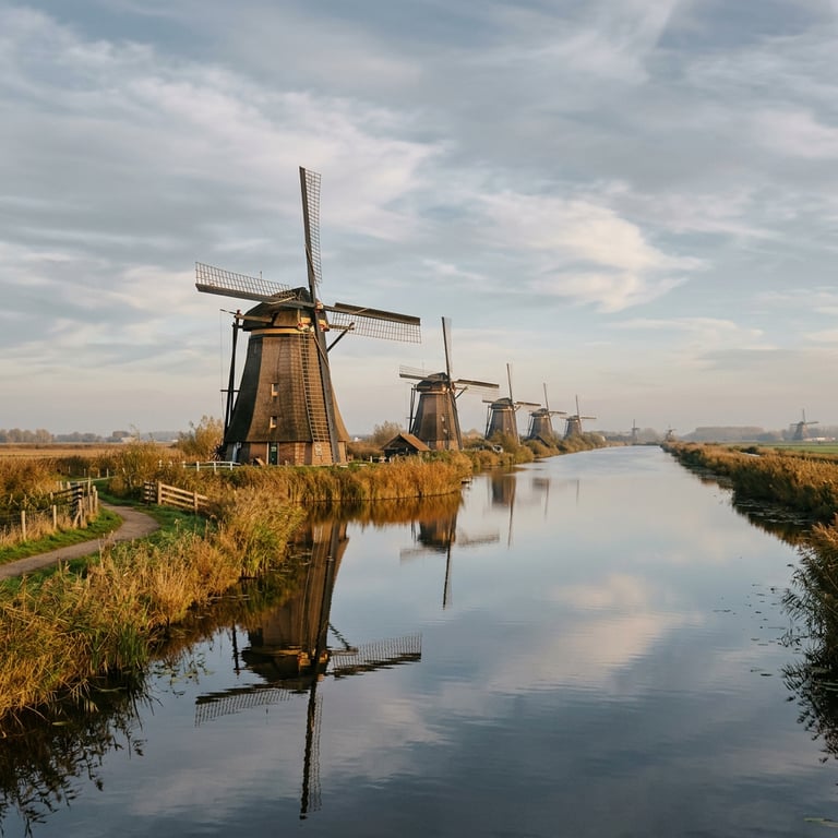 Row of 18th-century windmills at Kinderdijk in October light with a flat polder landscape and autumn sky reflected in the canal, South Holland, Netherlands