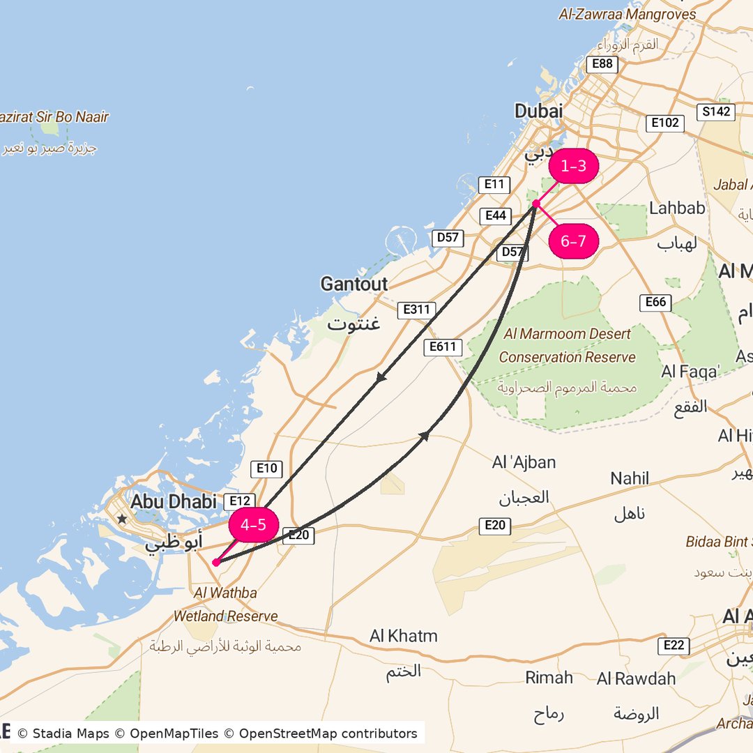 Itinerary route map for Dubai and Abu Dhabi Luxury Leisure