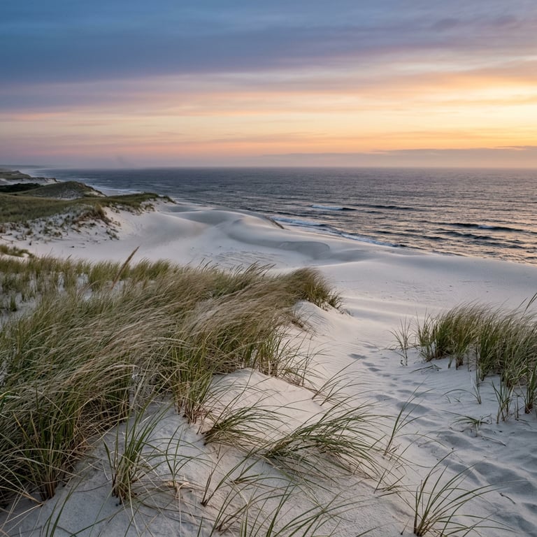 Cape Cod National Seashore at dawn with white sand dunes, sea grass, and the Atlantic Ocean stretching to the horizon, Wellfleet, Cape Cod, Massachusetts