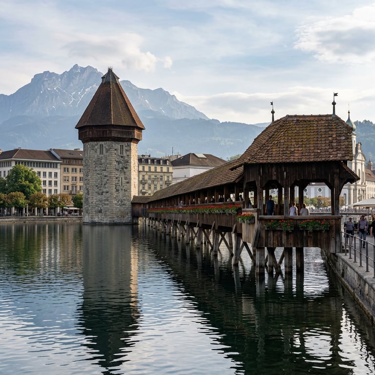 Chapel Bridge over the Reuss River in Lucerne with the Water Tower, flower boxes on the roofline, and the Alps visible behind, Lucerne, Switzerland